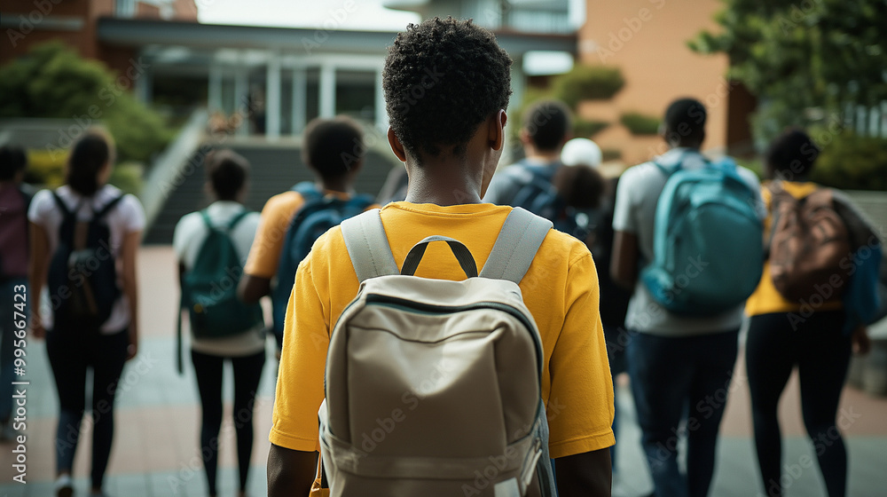 Young individual, viewed from the back, walking amidst a group of people. The person is wearing a yellow shirt and a backpack. The group consists of individuals of various ages, some wearing backpack Young individual, viewed from the back, walking amidst a group of people. The person is wearing a yellow shirt and a backpack. The group consists of individuals of various ages, some wearing backpack