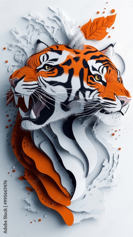 Paper art style, a fierce tiger in a layered design with intricate cuts, soft textures, and a minimalist background. Paper art style, a fierce tiger in a layered design with intricate cuts, soft textures, and a minimalist background.