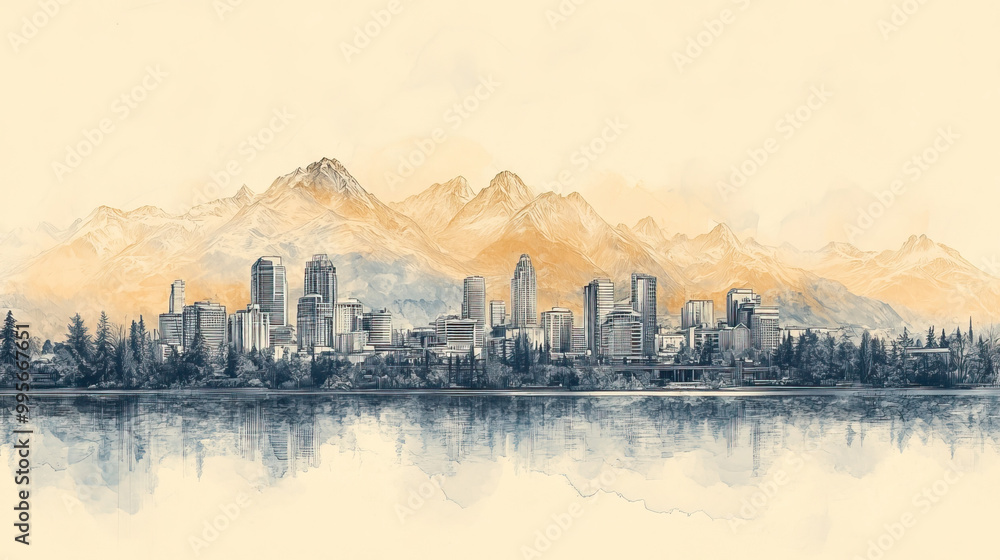 Naklejka premium Chilliwack, color pen pencil hand-drawn effect drawing illustration for travel poster, card, wallpaper, backdrop or banner. Modern, clear, artistic and simple