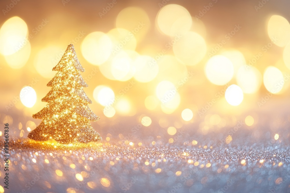 Naklejka premium Small glowing Christmas tree on a shimmering surface surrounded by golden bokeh lights creating a magical holiday scene