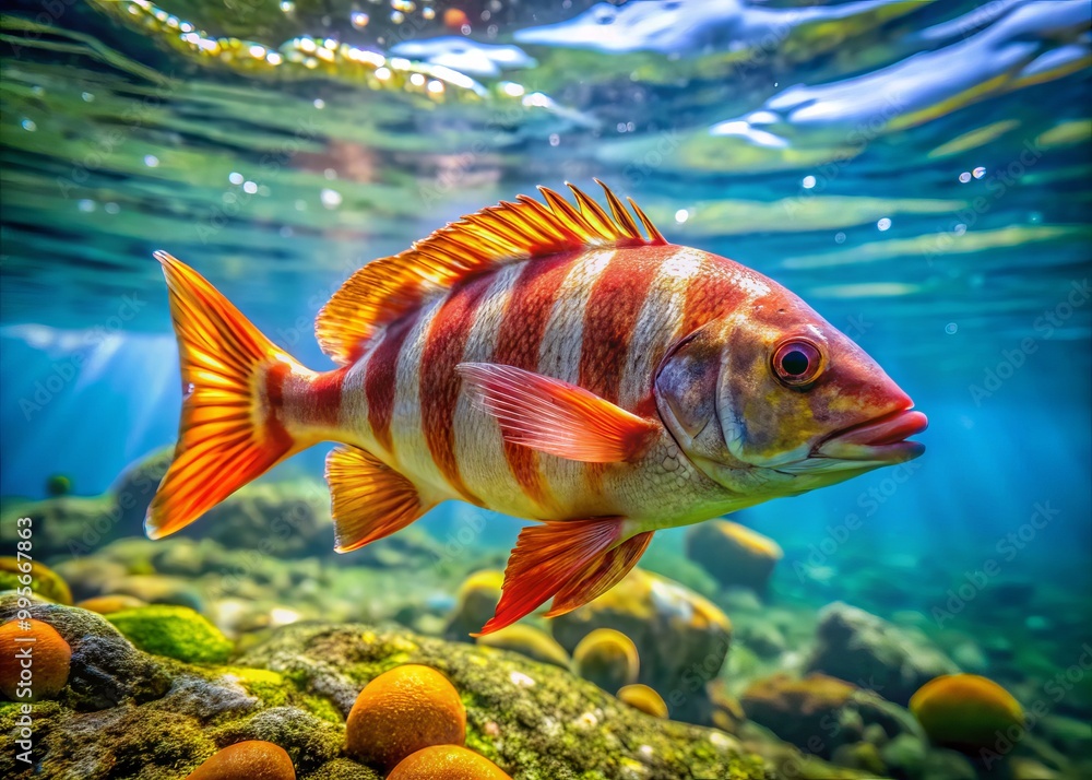 Beneath the radiant sun, a vibrant striped sea perch gracefully swims in pristine ocean waters, showcasing its colorful Beneath the radiant sun, a vibrant striped sea perch gracefully swims in pristine ocean waters, showcasing its colorful
