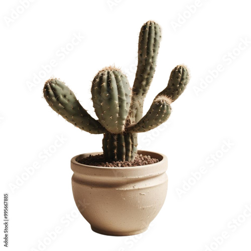 Cactus with a unique twisty shape in a minimalist pot on isolated white background

