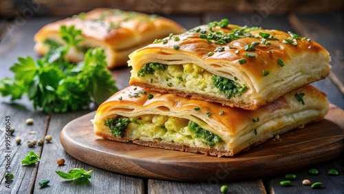 Flaky Turkish pastry filled with cheese and herbs, Kete bread, Turkish cuisine, savory pastry, flaky layers photo