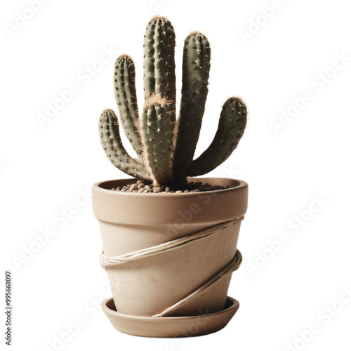 Cactus with a unique twisty shape in a minimalist pot on isolated white background

