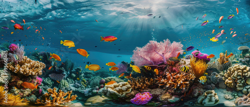 Dive into the crystal clear wide underwater waters of the coral reefs , marine life living in a riot of colors, schools of tropical fish and biodiversity