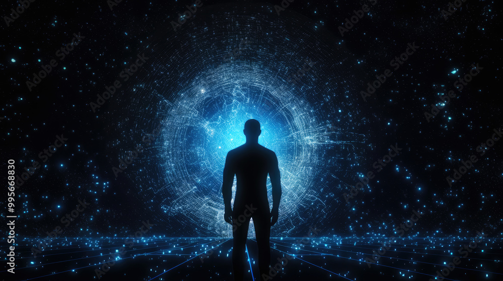generated illustration back view of man is in a different world or dimension generated illustration back view of man is in a different world or dimension