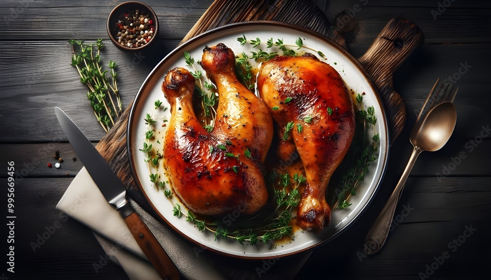 roasted chicken leg quarters with crispy golden brown skin with fresh green thyme leaves on white plate on dark wooden boards, view from above roasted chicken leg quarters with crispy golden brown skin with fresh green thyme leaves on white plate on dark wooden boards, view from above