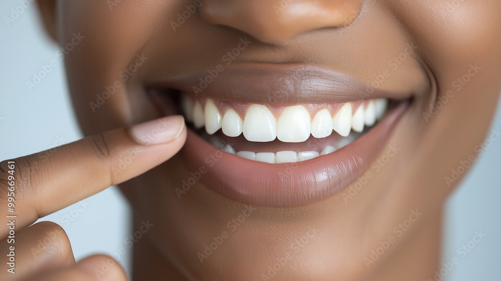 Obraz premium A close-up of a person's mouth, highlighting their white teeth and glossy lips. The individual is pointing to their teeth with one finger, emphasizing their dental health