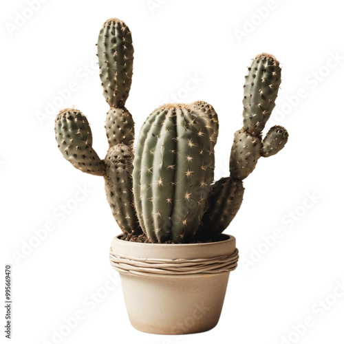 Cactus with a unique twisty shape in a minimalist pot on isolated white background

