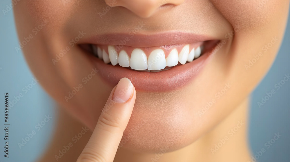 Obraz premium A close-up of a person's mouth, highlighting their white teeth and glossy lips. The individual is pointing to their teeth with one finger, emphasizing their dental health