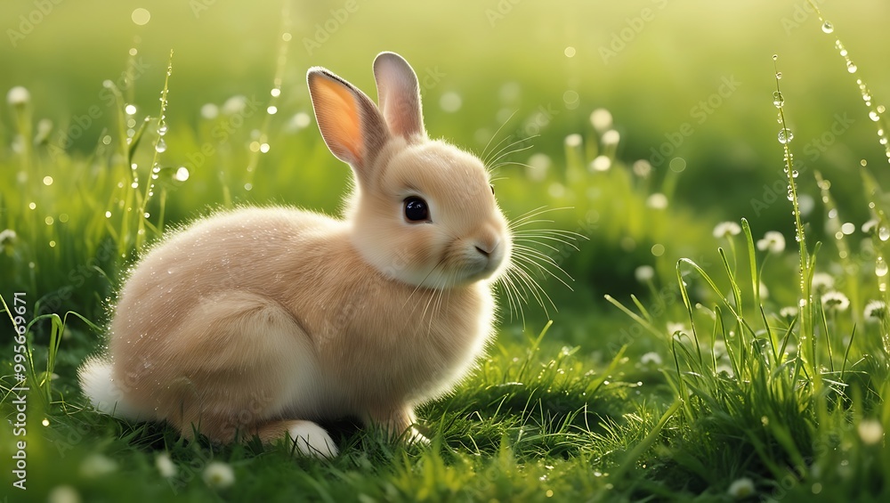 Obraz premium This captivating image features a rabbit sitting peacefully in a meadow adorned with delicate morning dew. The glistening droplets cling to the grass
