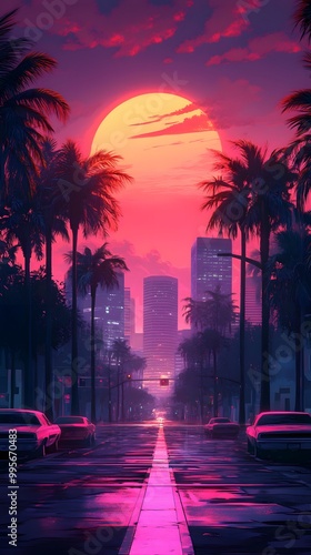 A synthwave background with palm trees and the sun setting behind an urban skyline, featuring retro-futuristic elements like vintage cars and neon lights