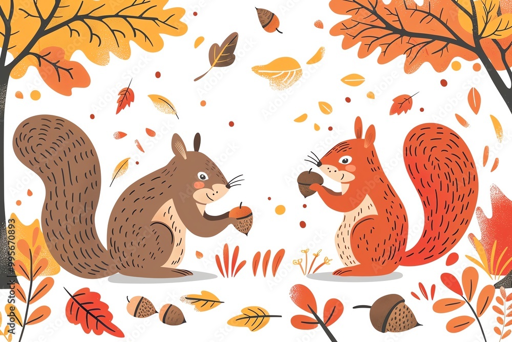 Cute animals in fall, squirrels collecting acorns, flat design illustration Cute animals in fall, squirrels collecting acorns, flat design illustration