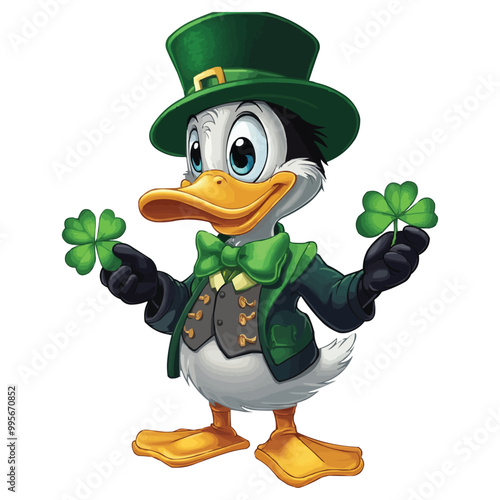 A cartoon duck dressed as an Irish leprechaun, holding a four-leaf clover and wearing black gloves with grey pants