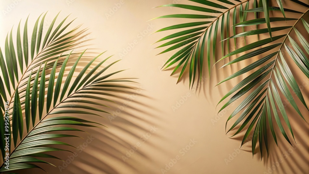 Naklejka premium Palm leaves shadow on beige background, freeze motion, palm leaves, shadow, beige background, sunlight, tropical, nature