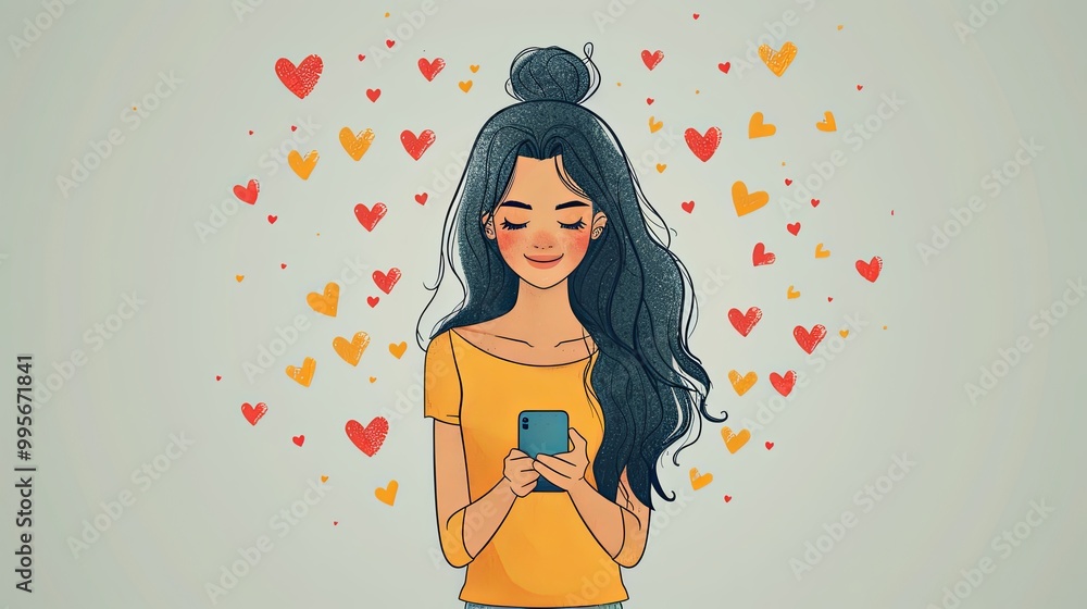 Woman young user of social nets spreads likes trough mobile phone. Abstract concept. Banner or commercial advertisement illustration Woman young user of social nets spreads likes trough mobile phone. Abstract concept. Banner or commercial advertisement illustration