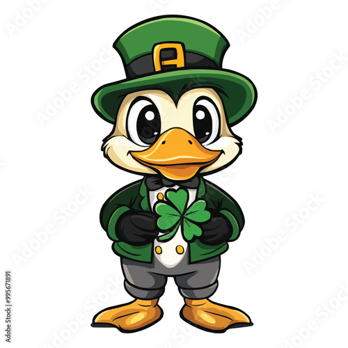 A cartoon duck dressed as an Irish leprechaun, holding a four-leaf clover and wearing black gloves with grey pants