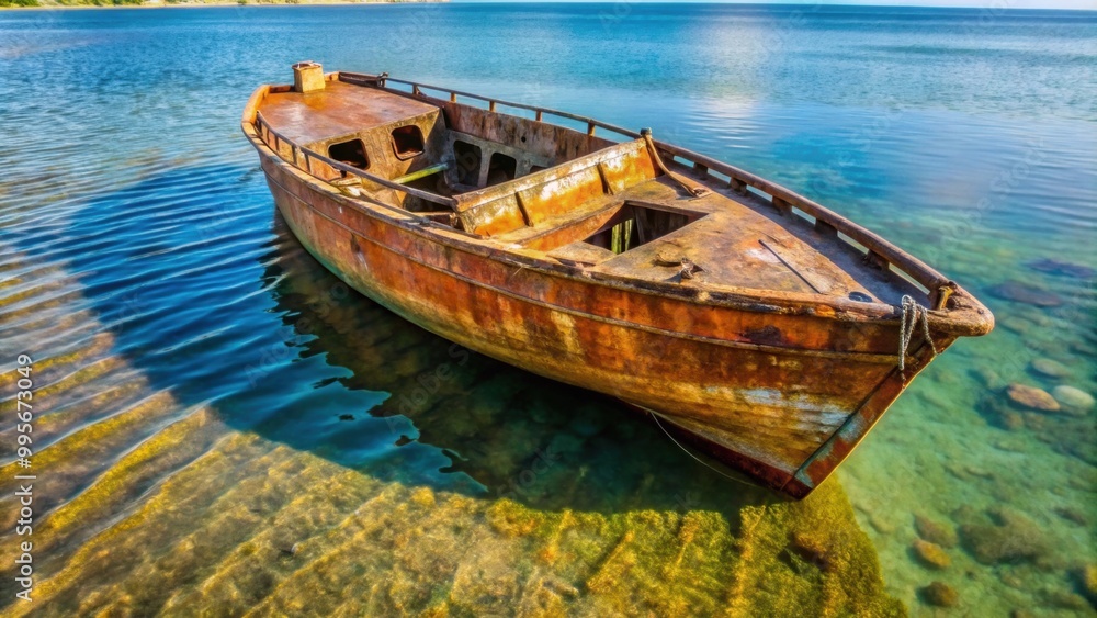 Half-sunk boat with a rusty hull in shallow water , abandoned, old, weathered, shipwreck, stranded, decay, wreckage, maritime Half-sunk boat with a rusty hull in shallow water , abandoned, old, weathered, shipwreck, stranded, decay, wreckage, maritime