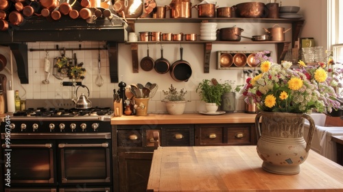 Rustic Farmhouse Kitchen with Butcher Block Island and Copper Pots