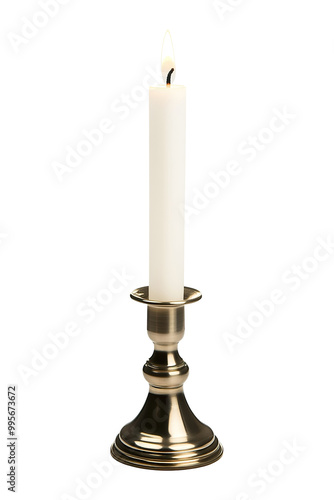 A simple white candle in a metallic holder, isolated on a clean white background PNG