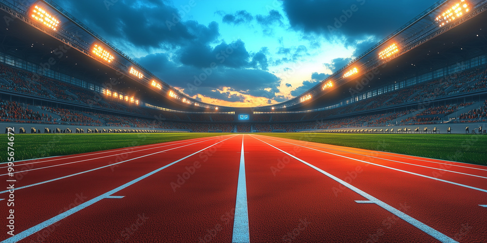 Empty Professional Athletics Track in a Large Stadium with Spectator Stands at Sunset, Representing Competitive Sports, Running Events, and Outdoor Athletic Competitions. Empty Professional Athletics Track in a Large Stadium with Spectator Stands at Sunset, Representing Competitive Sports, Running Events, and Outdoor Athletic Competitions.
