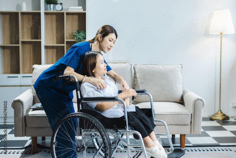 Obraz premium Friendly nurse doctor disease patient support during recovery, caregiver taking care of her patient and showing kindness while doing a checkup in home.