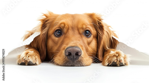 Adorable Golden Retriever Puppy Sticking Head Out of Torn White Paper on Plain Background