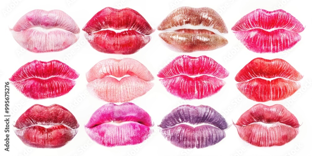 Variety of lipstick kisses on white background for makeup cosmetic ad or romance concept, lipstick, kisses, love, romance, makeup Variety of lipstick kisses on white background for makeup cosmetic ad or romance concept, lipstick, kisses, love, romance, makeup