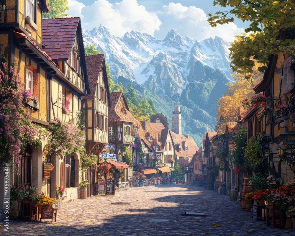 Naklejka premium Charming cobblestone street in a quaint European village, nestled against a backdrop of snow-capped mountains. .