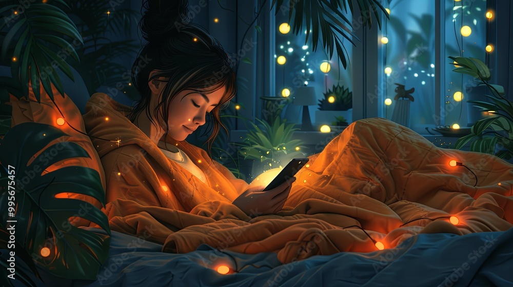 Woman with smartphone in bed at night. Late evening leisure with mobile phone, social media. Female lying under blanket, scrolling, surfing internet, watching videos. Flat vector illustration Woman with smartphone in bed at night. Late evening leisure with mobile phone, social media. Female lying under blanket, scrolling, surfing internet, watching videos. Flat vector illustration