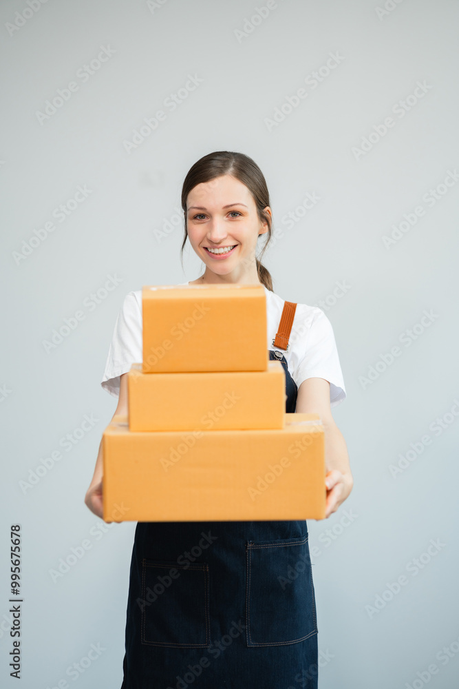 Woman holding parcels box, isolated on white background. Woman holding parcels box, isolated on white background.