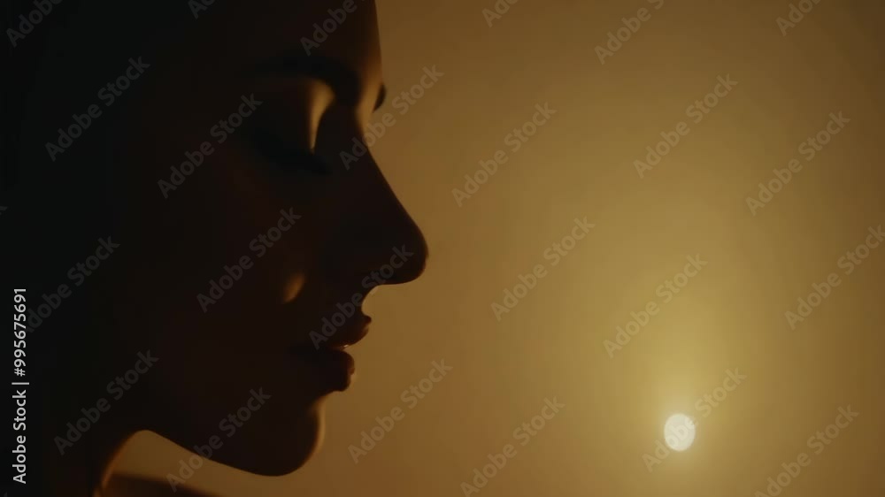 Silhouette of woman's profile in moody warm lighting scene Silhouette of woman's profile in moody warm lighting scene
