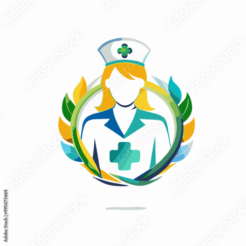 Stylized nurse illustration with medical cross symbol and leaves