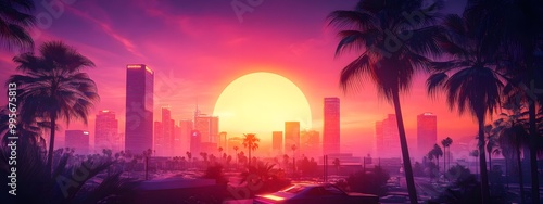 A synthwave background with palm trees and the sun setting behind an urban skyline, featuring retro-futuristic elements like vintage cars and neon lights