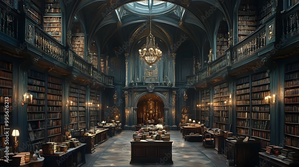 Majestic Gothic Revival University Library with Towering Bookshelves ...