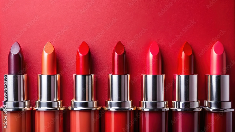 Variety of lipstick shades on red background with swatches, lipsticks, makeup, cosmetics, beauty Variety of lipstick shades on red background with swatches, lipsticks, makeup, cosmetics, beauty