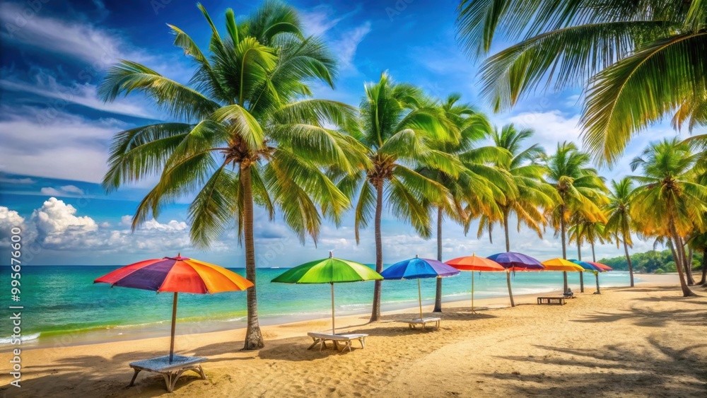 A serene beach with lush palm trees and colorful umbrellas, tropical, paradise, relaxation, vacation, coast, sand, ocean, sea A serene beach with lush palm trees and colorful umbrellas, tropical, paradise, relaxation, vacation, coast, sand, ocean, sea