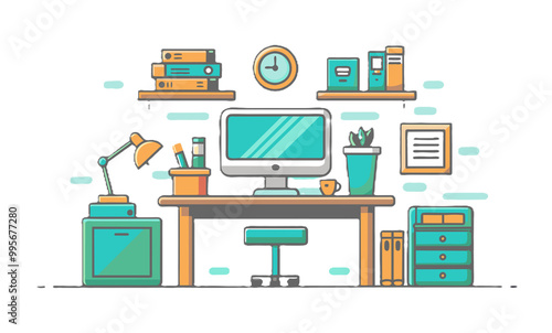 flat colored outline icon transparent around shapes computer book room office 