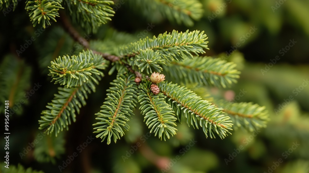 Fototapeta premium Close-up of evergreen tree branches with new growth, captured in a forest during late spring season