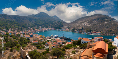 View of the island from the castle on Kastellorizo ​​island  with Church of St Nicholas and St Dimitrios, (Greek orthodox church), Kastellorizo ​​island, Dodekanisos,  Greece photo