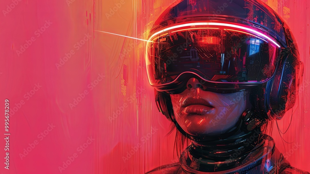 Woman wearing a futuristic helmet standing in a virtual world, digital art style, illustration painting Woman wearing a futuristic helmet standing in a virtual world, digital art style, illustration painting