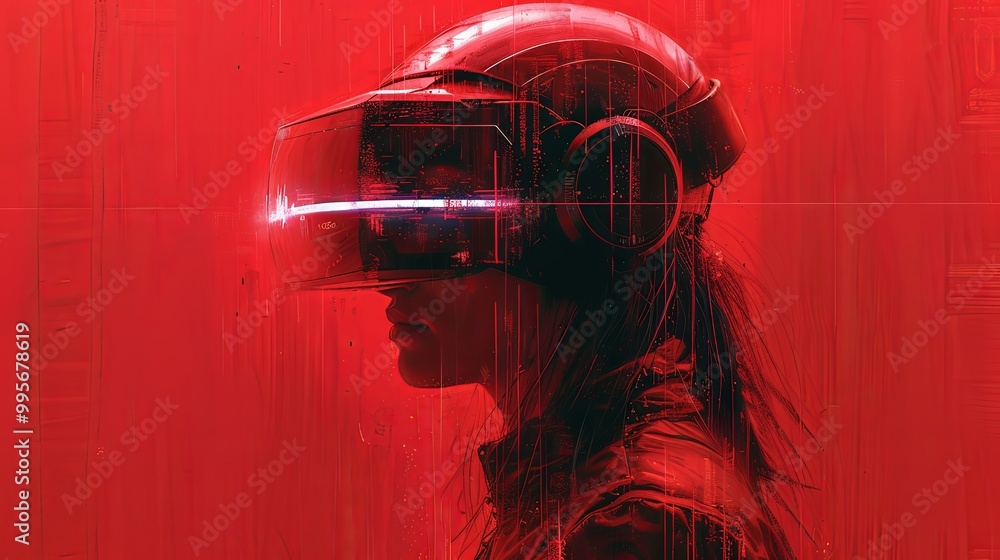 Woman wearing a futuristic helmet standing in a virtual world, digital art style, illustration painting Woman wearing a futuristic helmet standing in a virtual world, digital art style, illustration painting