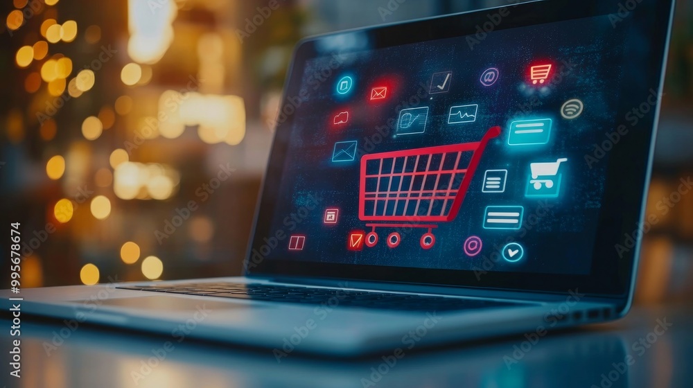 Fototapeta premium notion of digital marketing commerce internet sales, advertising of goods and services using digital platforms, including websites, email, social media, search engines, and digital marketing goals