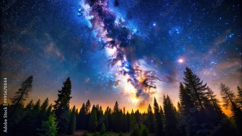 Milky Way Galaxy shining brightly over a peaceful forest at night , stars, sky, galaxy, nature, trees, dark, astronomy Milky Way Galaxy shining brightly over a peaceful forest at night , stars, sky, galaxy, nature, trees, dark, astronomy