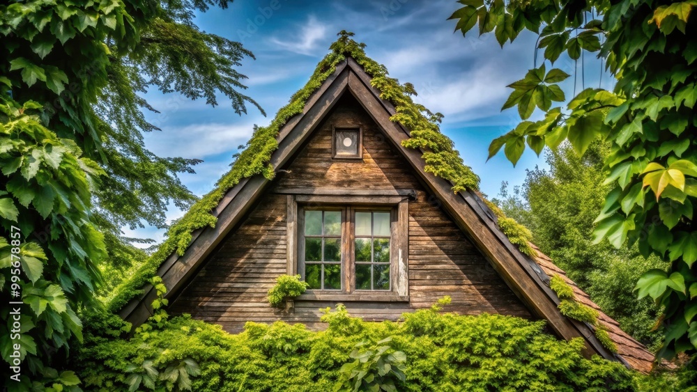 Old house with triangular roof and attic window peeking out from behind green leaves, old, house, triangular, roof, attic Old house with triangular roof and attic window peeking out from behind green leaves, old, house, triangular, roof, attic