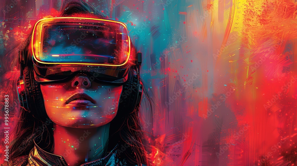 Woman wearing a futuristic helmet standing in a virtual world, digital art style, illustration painting Woman wearing a futuristic helmet standing in a virtual world, digital art style, illustration painting