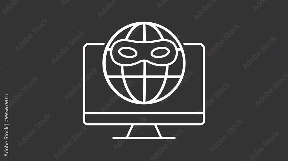 Dark web white line animation. Anonymous network animated icon. Spinning planet, floating mask. Hacker internet. Isolated illustration on dark background. Transition alpha video. Motion graphic Dark web white line animation. Anonymous network animated icon. Spinning planet, floating mask. Hacker internet. Isolated illustration on dark background. Transition alpha video. Motion graphic