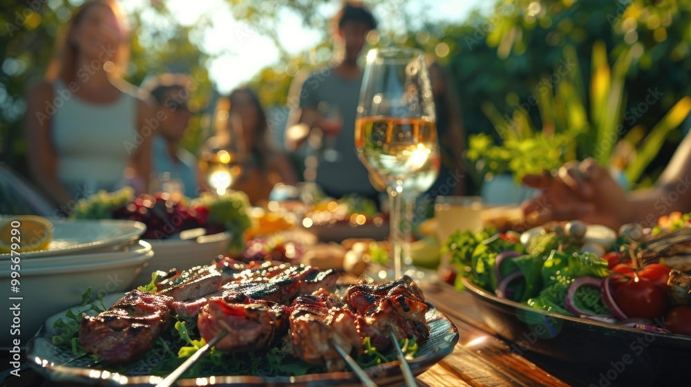 vibrant outdoor gathering with friends enjoying food and drinks. A table is filled with delicious dishes like grilled skewers, salads, and wine, creating a lively atmosphere of celebration and togethe