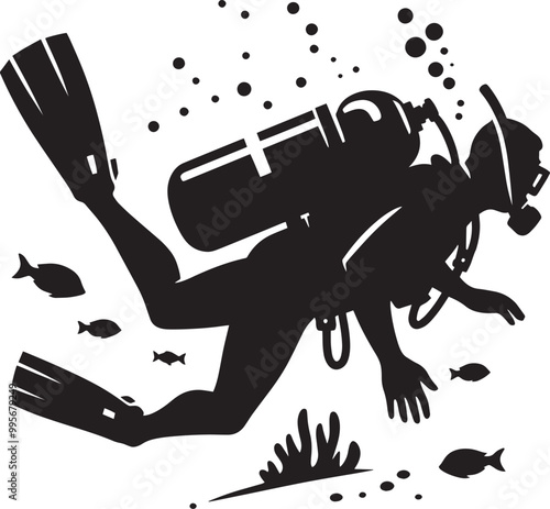 Underwater Scuba Diving silhouette vector illustration isolated on a white background