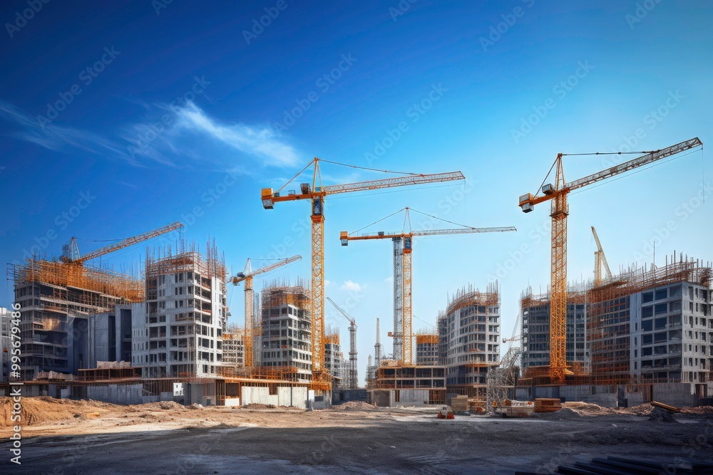 A construction site bustling with cranes and half built structures offers a dynamic setting for architectural, urban development, and construction related concepts. Generative AI A construction site bustling with cranes and half built structures offers a dynamic setting for architectural, urban development, and construction related concepts. Generative AI